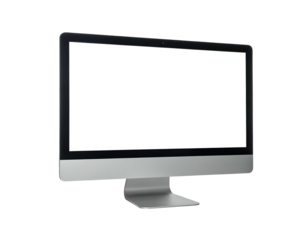 Silver desktop computer, with a black border screen, against a black background