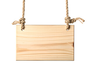 A rectangular wooden sign, hanging from two knotted ropes, isolated on a transparent background