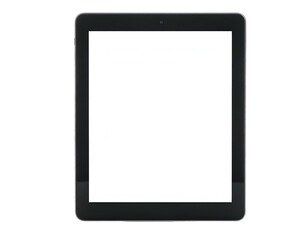 Realistic black tablet with a white, empty screen against a black background