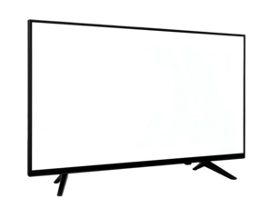 Angled shot of a blank display television with thin black bezels and minimalist stand