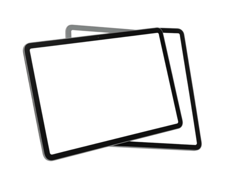 Graphic with two digital slates, angled, dark screens, and light borders, against a black background