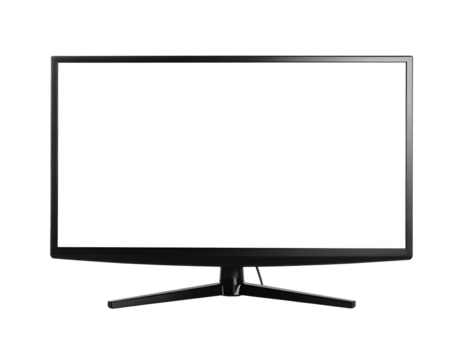 A black computer monitor with a bright white screen, set against a black backdrop