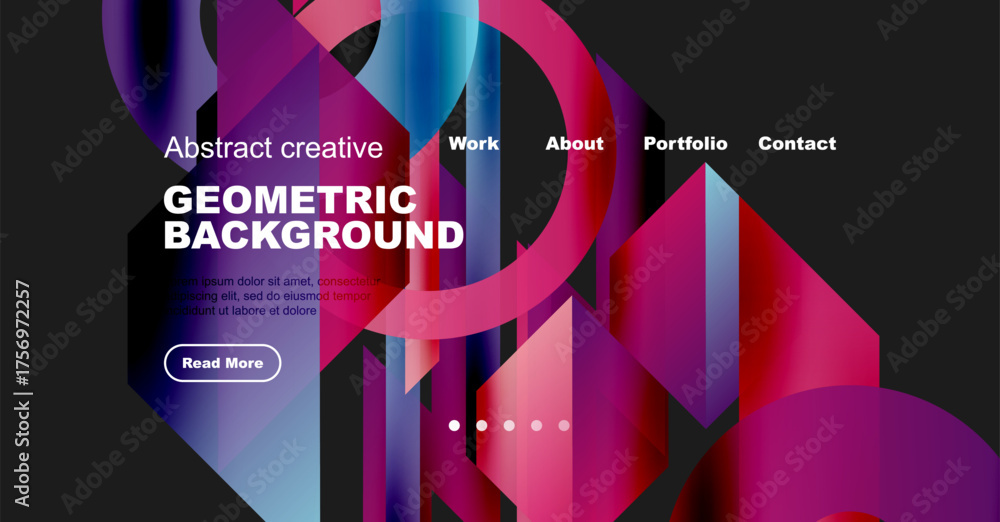 Wall mural Abstract website header. Vibrant colors, geometric shapes, text elements present. Navigation menu visible, button included.