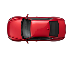 Overhead perspective of a sleek, red sedan against a stark black background
