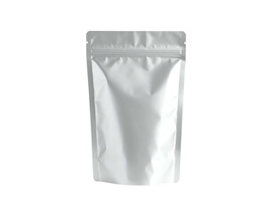 A white, metallic pouch with a zip-top closure stands against a black background