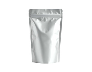 Front view of a sealed, silver-colored pouch, upright on a black background