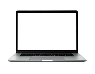 Modern, silver-colored laptop with a bright, empty screen, set against a black background