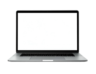 Modern, silver-colored laptop with a bright, empty screen, set against a black background