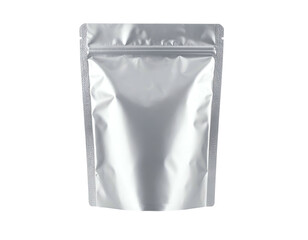 Metallic, silver-colored, empty, stand-up pouch with a resealable zipper closure