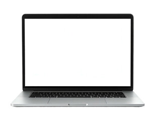 A close-up of a silver laptop with a bright, blank screen, against a black background