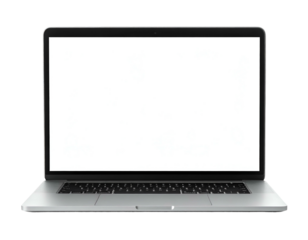 A close-up of a silver laptop with a bright, blank screen, against a black background