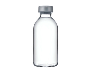 A transparent glass bottle, filled with clear liquid, capped, against a black background