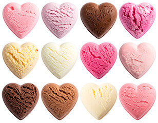 Heart shape ice cream scoops set of different shapes over isolated transparent backgr