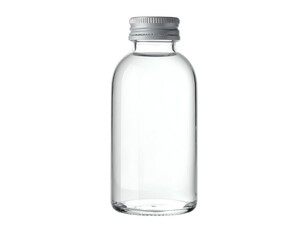 Clear glass water bottle with a silver cap, isolated on a black background