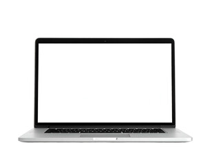 Modern, silver laptop computer, open and positioned against a black backdrop, isolated