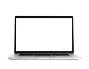 Modern, silver laptop computer, open and positioned against a black backdrop, isolated