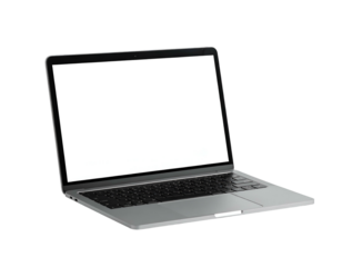 A modern silver laptop with an open screen and a black keyboard on a black background