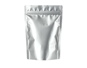 A silver, sealed, vertically oriented food packaging pouch against a black background