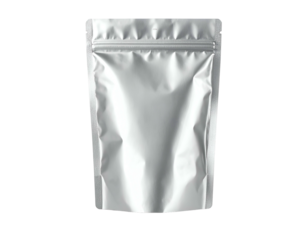 A silver, sealed, vertically oriented food packaging pouch against a black background
