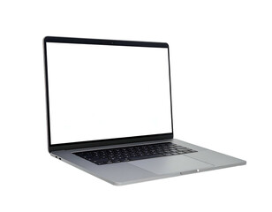 Angled view of a modern portable computer, displaying a blank white screen