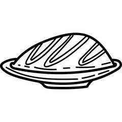 Line art illustration of a baked loaf of bread on a round plate with a transparent background ideal for restaurant menus and food blogs