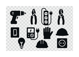 Fototapeta premium Vector Electrician tools silhouettes: drill, pliers, socket, voltage tester, helmet, gloves, light bulb
