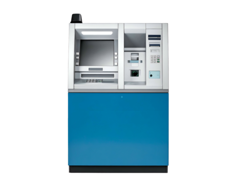 Modern, front-facing ATM, composed of white and blue panels with various functionalities