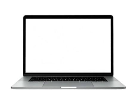 Modern, silver-colored laptop with a bright, empty screen, set against a black background