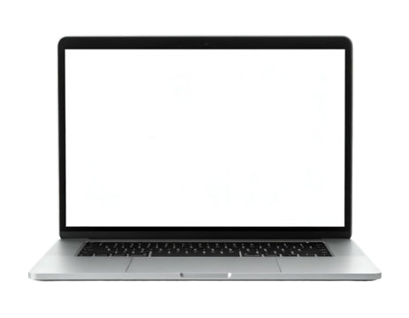 A close-up of a silver laptop with a bright, blank screen, against a black background