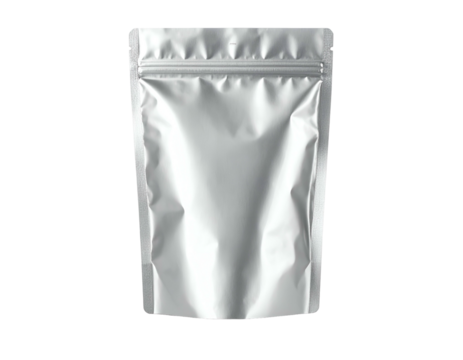 A silver, sealed, vertically oriented food packaging pouch against a black background