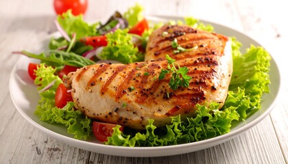 Grilled chicken breasts with salad on a white plate