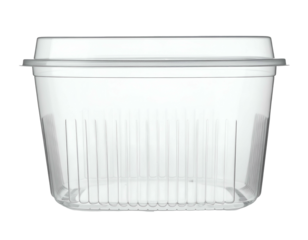 Clear plastic rectangular food container with lid, suitable for storage and takeout