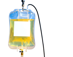 Medical device showing an IV bag with yellow liquid and attached tubing, black background