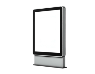 Modern, upright digital display, showcasing a blank, white screen. Isolated on black background