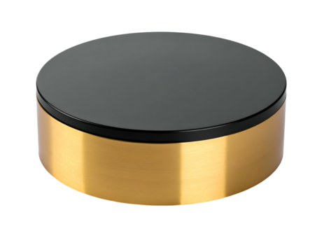 Round, two-toned container featuring a shiny black top and a gold-colored cylindrical base