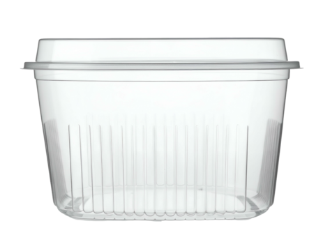 Clear plastic rectangular food container with lid, suitable for storage and takeout