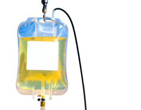 Medical device showing an IV bag with yellow liquid and attached tubing, black background
