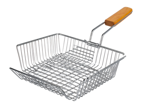A metal wire basket with a wooden handle, likely for frying or straining