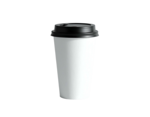 A blank white paper takeaway coffee cup with a black lid against a stark black background