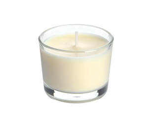 A small glass candle with a white wax and a central wick, set against a black backdrop