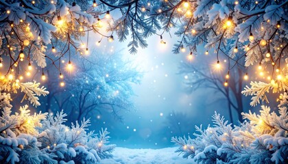 Enchanting Snowy Forest Scene with Sparkling Lights and Winter Magic