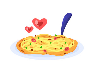 Illustration of a plate of noodles with a spoon and a heart symbol. Love fried noodles. Spicy fried noodles with sliced ​​chilies and spring onions. Instant food. Flat style design. White background