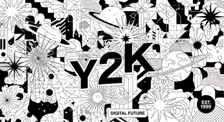 Black and white Y2K digital future graphic design with planets and stars. © Sultan Desain