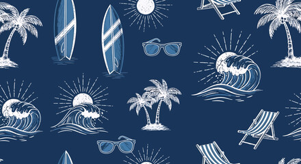 A seamless pattern featuring a vintage-style depiction of a beach scene with surfboards, palm trees, waves, and lounge chairs.