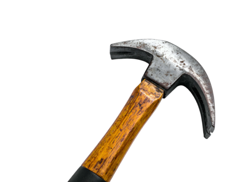Close-up shot of a worn, classic claw hammer against a black background