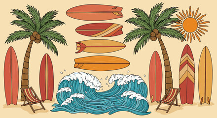 A vibrant illustration of a tropical beach scene with surfboards, palm trees, and crashing waves. © Sultan Desain