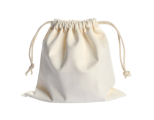 Plain, cream-colored, drawstring pouch, isolated on a solid black background