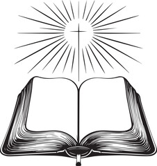 An open book is placed under a radiant cross, symbolizing faith and spiritual guidance.