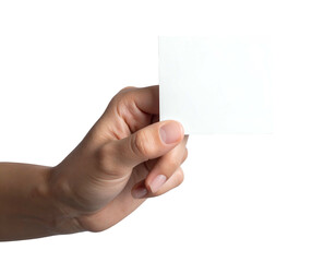 Obraz premium Close-up of a hand holding a blank white square card against a black background