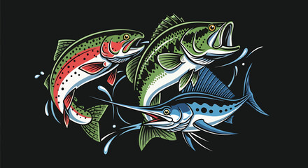 Three different types of fish, a rainbow trout, a largemouth bass, and a marlin, are depicted in a dynamic, circular arrangement with water splashes.